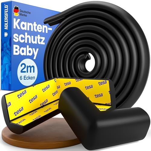 ADLERSFELD Kantenschutz Baby - (2m mit Kleber von TESA) inkl. 6X Eckenschutz Baby | Extra starker Halt - Eckenschutz Kantenschutz Selbstklebend (Schwarz) von Adlersfeld