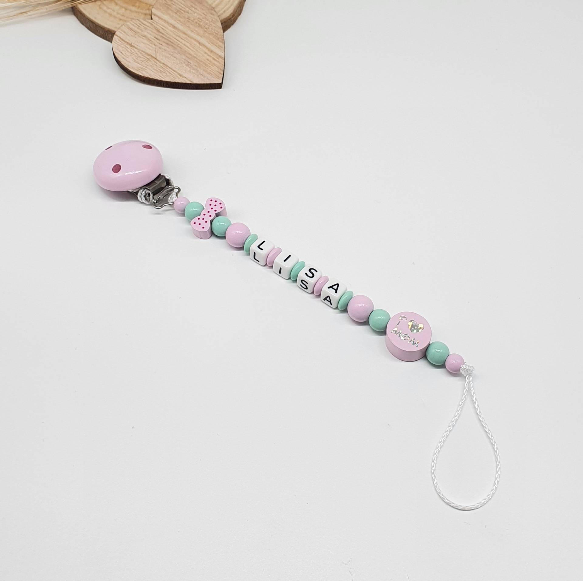 Schnullerkette, I Love Mom, Dad, Schleife Gepunktet Schnullerkette, I Love Mom, Dad, Schleife Gepunktet von AdlesShop