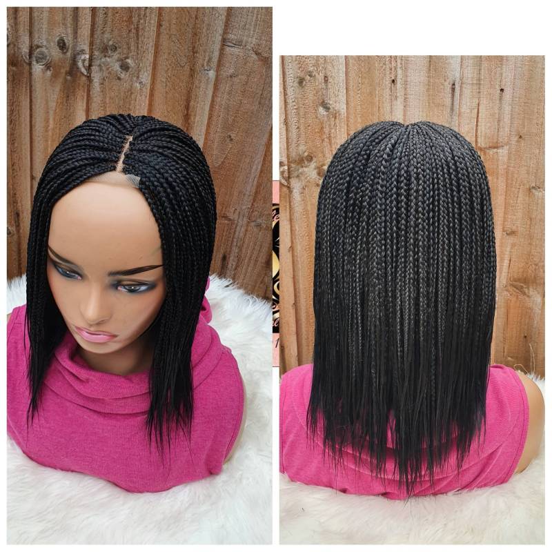 Handmade Braided Short Feathers Wig /Short Braids /Center Part Color 1 /14 Inch | Ready To Ship von Adorablewigsuk