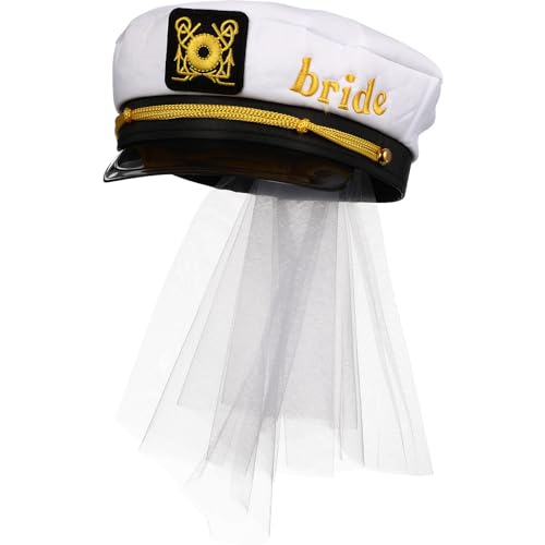 Adorainbow Braut Kapitän Hut mit Schleier Weiß Yacht Hut Navy Marine Admiral Hut für Hochzeit Braut Bachelorette Party Cosplay Kostüm von Adorainbow