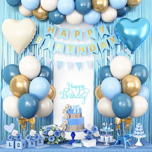 Geburtstagsdeko Blau Beige Gold Luftballons Geburtstag Dekoration Set mit Happy Birthday Girlande Cake Topper Lametta Vorhang Baby Shower Mann Jungen Geburtstag Party Deko von Adorely