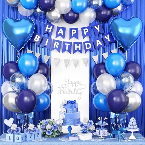 Geburtstagsdeko Blau Silber,Geburtstag Party Deko für Mann Jungen,Luftballons Geburtstag Dekoration Set mit Happy Birthday Girlande Cake Topper Lametta Vorhang Konfetti Ballons von Adorely