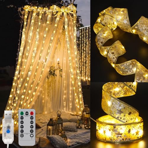 Adoric Weihnachtsband Deko Lichterkette, 10M 100 Leds Glänzende Bänder Lichter, Lichterkette Weihnachtsbaum für Weihnachten Garten Urlaub Party Hochzeit von Adoric