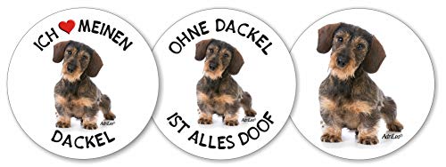 AdriLeo - Runde Aufkleber 3er-Set - Dackel Rauhaarteckel - Deko Autoaufkleber Sticker Hund von AdriLeo