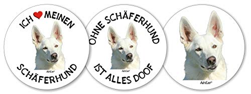 AdriLeo - Runde Aufkleber 3er-Set – Weißer Schäferhund - Deko Autoaufkleber Sticker Hund von AdriLeo