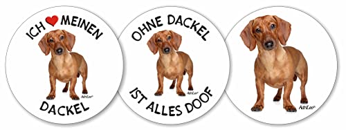 AdriLeo - Runde Aufkleber 3er-Set - roter Dackel Kurzhaarteckel - Deko Autoaufkleber Sticker Hund von AdriLeo