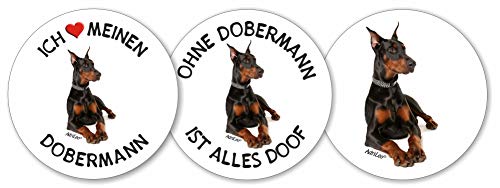 AdriLeo - Runde Aufkleber 3er-Set - schwarzer Dobermann - Deko Autoaufkleber Sticker Hund von AdriLeo