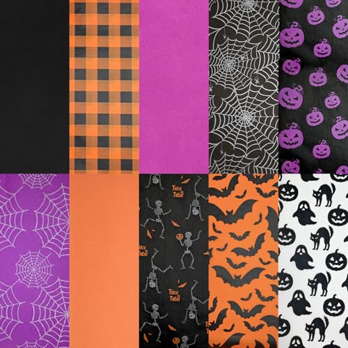 Adurself Halloween-Seidenpapier, 35,6 x 50,8 cm, Schwarz, Orange, Lila, Geschenkpapier mit Geist, Kürbis, Fledermaus, Spinne, Kunst, Verpackung für Halloween, Geburtstag, Party, Geschenktüte von Adurself