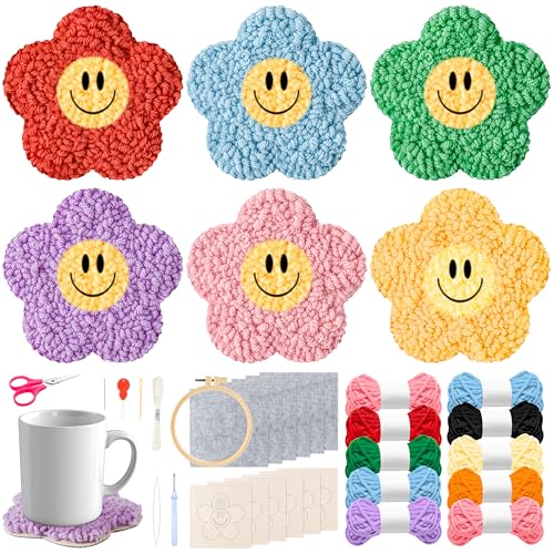 Adval9Vram 22 Stück Punch Needle Stickerei Set für Anfänger, Craft Punch Needle Untersetzer DIY Handwerk Filz Garne Stickerei Coaster, Stanznadel Stickerei Starter Kit mit Instruction (Blumen) von Adval9Vram
