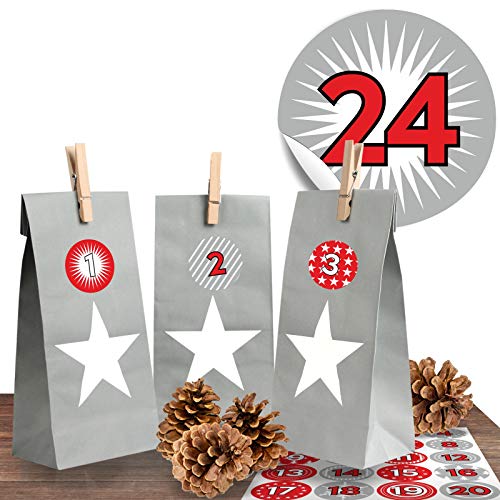 Adventino Adventskalender Set zum selber Befüllen mit 24 Premium Papiertüten in schickem Grau und 24 modernen perfekt abgestimmten Zahlenaufklebern für Männer und Frauen von Adventino Adventskalender