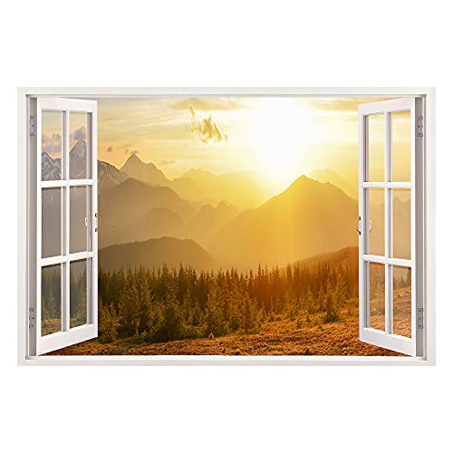 Leinwandbild mit Fensterblick - Berge Sonnenaufgang 90 x 60 cm - Keilrahmen mit Druck von Advertising & Displays Werbecenter Berlin GmbH