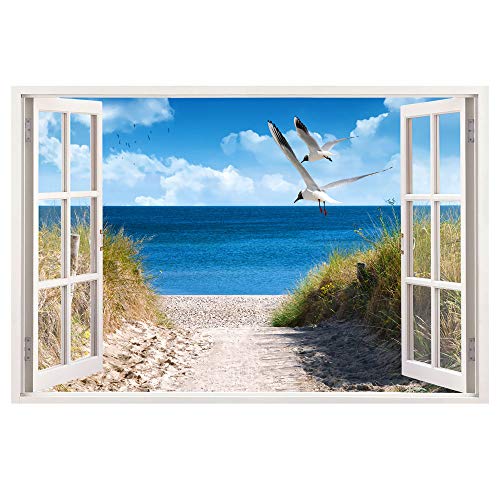 Leinwandbild mit Fensterblick – Strand mit Möwen 90 x 60 cm - Keilrahmen mit Druck von Advertising & Displays Werbecenter Berlin GmbH