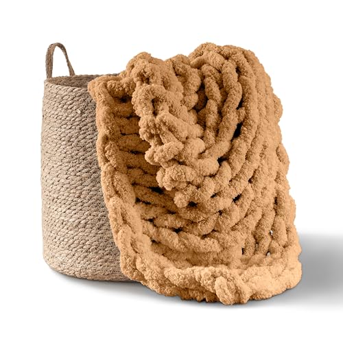 Adyrescia Grobstrickdecke, Überwurf, 100 % handgestrickt mit Jumbo-Chenille-Garn (127 x 152,4 cm, Karamellbraun) von Adyrescia