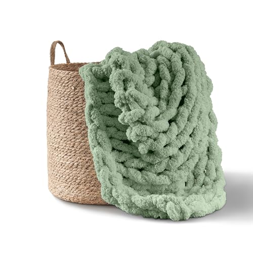 Adyrescia Grobstrickdecke, Überwurf, 100 % handgestrickt mit Jumbo-Chenille-Garn (127 x 152,4 cm, Salbeigrün) von Adyrescia