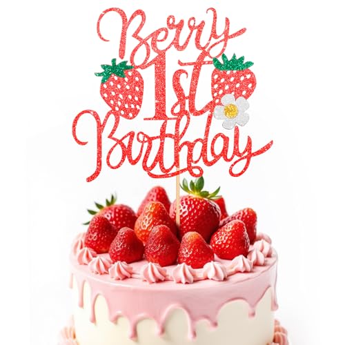 1 x Tortenaufsatz für den ersten Geburtstag, Glitzer-Erdbeer-Geburtstagstorte für Obst-Thema, Erdbeer-Geburtstagsdekorationen für Babyparty, Kinder, 1. Geburtstag, Party, Kuchendekorationen 1 x Tortenaufsatz für den ersten Geburtstag, Glitzer-Erdbeer-Geburtstagstorte für Obst-Thema, Erdbeer-Geburtstagsdekorationen für Babyparty, Kinder, 1. Geburtstag, Party, Kuchendekorationen von Aeaocvo