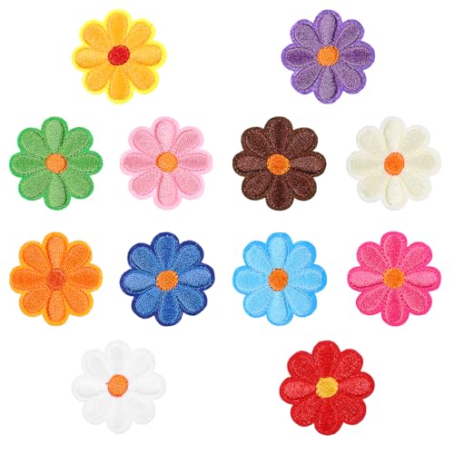 12 Stück Blumen-Bügelbilder, Bunte Gänseblümchen-Bügelbilder für Kleidung, Nähblumen-Patches, Aufnähbare Patches, Gestickte Applikationen für Kleidung, Jeans, Taschen, Jacken von Aeaocvo