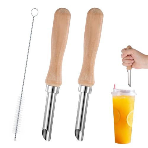 2 Stück Strohstanzer für Kunststoffdeckel, Limonadenbecher, Edelstahl-Strohhalm-Lochstanzer für Kunststoffdeckel mit Holzgriff, Stanzwerkzeuge für Limonadenständer von Aeaocvo
