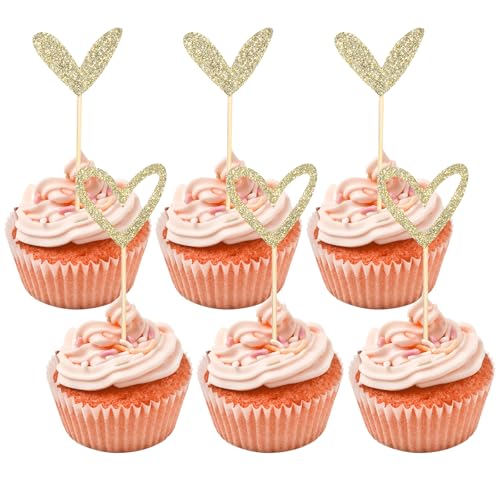 24 Stück glitzernde Hochzeits-Cupcake-Topper, goldfarbene Glitzer-Cupcake-Topper-Stäbchen für Hochzeit, Verlobung, Brautparty, Junggesellinnenabschied, Dekoration 24 Stück glitzernde Hochzeits-Cupcake-Topper, goldfarbene Glitzer-Cupcake-Topper-Stäbchen für Hochzeit, Verlobung, Brautparty, Junggesellinnenabschied, Dekoration von Aeaocvo