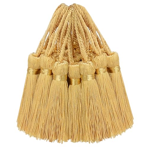 30 Stück Mini Seidige Quasten Anhänger Basteln Klein Stoff Hängend Zubehör für DIY Lesezeichen Frau Schmuck Schlüssel Kett Tasch Vorhang Personalisiert Hochzeit Geschenk Deko (Hell Gold) von AebDerp