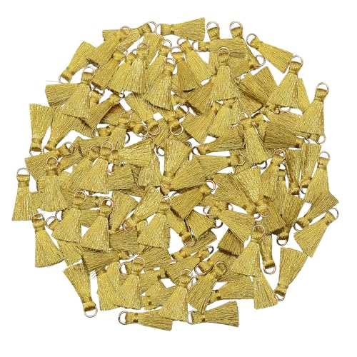 Mini Quasten Basteln Anhänger Deko: 100 Stück Klein Charms Set für DIY Armband Kett Frau Ohrring Schmuck Schlüssel Band Tasch Schlüsselanhänger Personalisiert Geschenk Karte Zubehör (Gold) von AebDerp