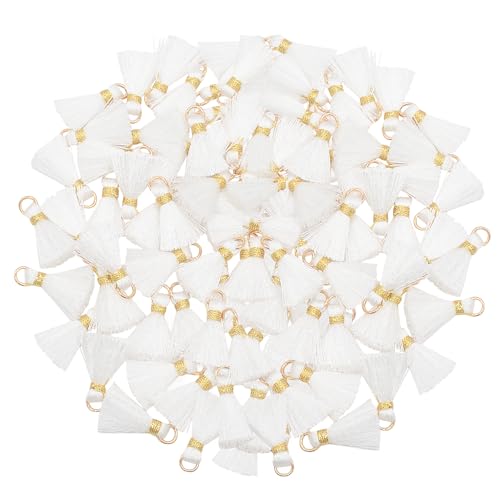 Mini Quasten Basteln Anhänger Deko: 100 Stück Klein Charms Set für DIY Armband Kett Frau Ohrring Schmuck Schlüssel Band Tasch Schlüsselanhänger Personalisiert Geschenk Karte Zubehör (Weiß) von AebDerp
