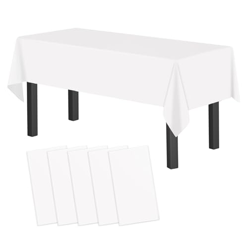 Wasserdicht Einweg Party Tischdecken Kunststoff: 5 Stück Reißfeste 137x274 cm Rechteckig Geburtstag Tischtuch aus Plastik Set für Garten Zubehör, Hochzeit, Picknick und Feste Deko (Weiß) von AebDerp