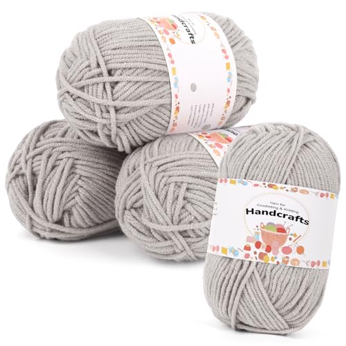 Aeelike 200g(4x50g) Acryl Wolle Zum Stricken, 5Ply Baumwolle zum Häkeln, Ultraweiche Baby Wolle Handstrickgarne Häkeln von Socken, Mützen, Schals, Puppen, Haustierkleidung, Silbergrau von Aeelike