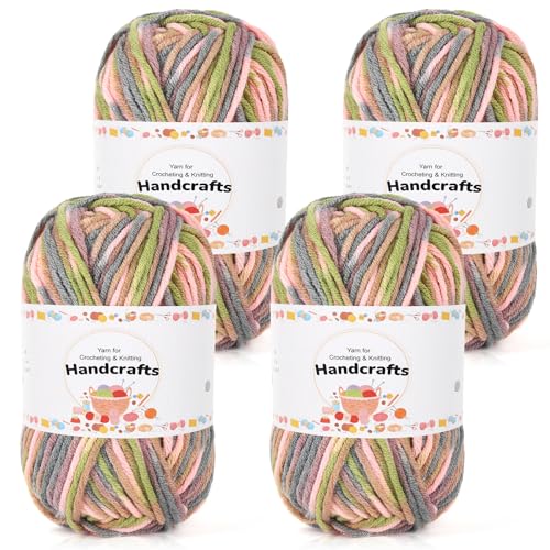 Aeelike 200g(4x50g) Acryl Wolle Zum Stricken Farbverlauf, 5Ply Baumwolle zum Häkeln, Ultraweiche Babywolle Handstrickgarne Häkeln von Socken, Mützen, Schals, Puppen, Haustierkleidung, Rosa Grau Grün von Aeelike
