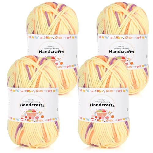 Aeelike 200g(4x50g) Farbverlauf Amigurumi Wolle, 5Ply Häkelwolle Baumwolle zum Häkeln, Langlebige Strickwolle, Bunte Häkelgarn Cotton Yarn von Decke, Pullover, Schals, Hüte, Violett Gelb von Aeelike