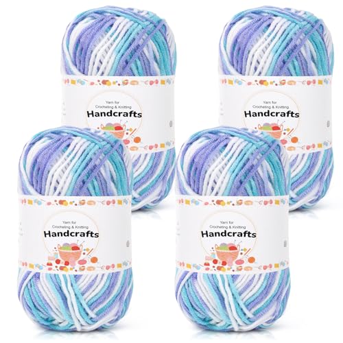 Aeelike 200g(4x50g) Farbverlauf Amigurumi Wolle Set, 5Ply Häkelwolle Baumwolle zum Häkeln, Langlebige Strickwolle, Bunte Häkelgarn Cotton Yarn von Decke, Pullover, Schals, Hüte, Blau-Weiß von Aeelike