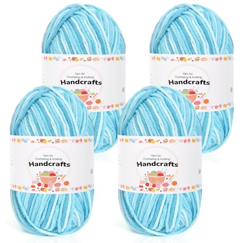 Aeelike 200g(4x50g) Farbverlauf Garn, 5Ply Häkelwolle Baumwolle zum Häkeln, Langlebige Strickwolle, Bunte Häkelgarn Cotton Yarn von Decke, Pullover, Schals, Hüte, Hellseeblau von Aeelike
