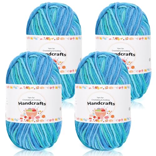 Aeelike 200g(4x50g) Farbverlauf Garn Baumwollgarn zum Häkeln, Bunt Strickgarn Acryl Häkelgarn Zum Stricken, Häkeln und Kunsthandwerk, 5Ply Acrylwolle Set Baumwolle für Anfänger, Profis, Seeblau von Aeelike