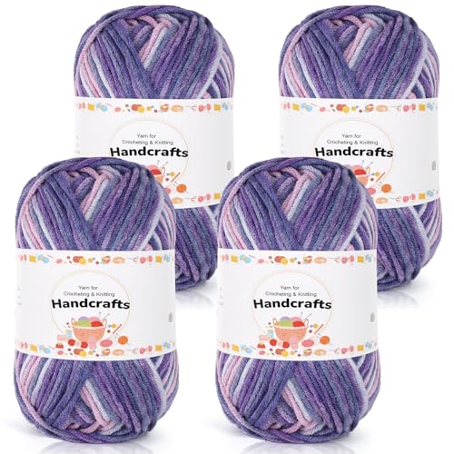Aeelike 200g(4x50g) Farbverlauf Häkelgarn Baumwolle zum Stricken, Langlebige Amigurumi-Set Acryl Baumwollgarn, 5Ply Wolle zum Häkeln für Socken, Mützen, Schals, Pullover, Puppen, Rosa Lila von Aeelike