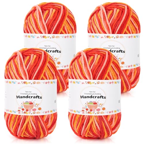 Aeelike 200g(4x50g) Farbverlauf Wolle zum Stricken, 5Ply Acrylic Baumwolle zum Häkeln, Cotton Yarn Wolle Bunt Set für Anfänger, Erfahrene Stricker, Buntes Orange Rot von Aeelike