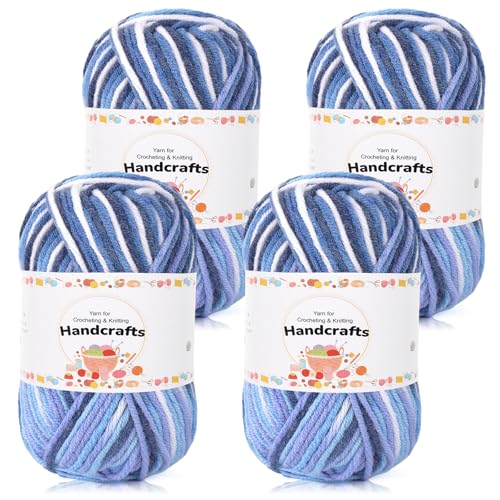 Aeelike 200g(4x50g) Häkelgarn Farbverlauf Baumwolle zum Stricken, Langlebige Amigurumi-Set Acryl Baumwollgarn, 5Ply Garn zum Häkeln für Socken, Mützen, Schals, Pullover, Puppen, Blau Weiß Blumen von Aeelike