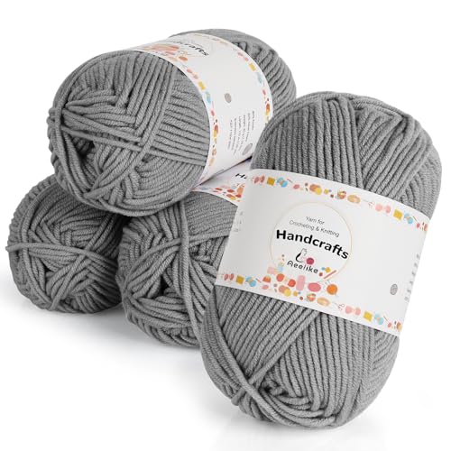 Aeelike 200g(4x50g) Wolle zum Häkeln, 5Ply Baumwolle Häkelgarn, Baumwollgarn für Häkeln und Kunsthandwerk, Dunkelgrau von Aeelike