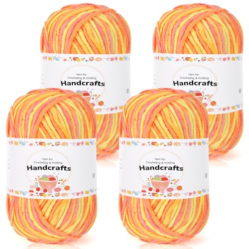 Aeelike 200g(4x50g) Wolle zum Stricken Farbverlauf, 5Ply Häkelwolle Baumwolle zum Häkeln, Cotton Yarn Strickwolle Set für Anfänger, Erfahrene Häkeler, Orange-Gelb von Aeelike