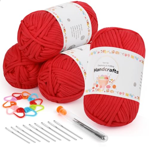 Aeelike 200g Rot Dicke Wolle mit Häkelzubehör, Häkelgarn für Anfänger, Kein Geteiltes Häkeln Garn, Strickgarn zum Häkeln mit gut Sichtbare Maschen, Baumwollgarn zum Stricken und Handstricken von Aeelike