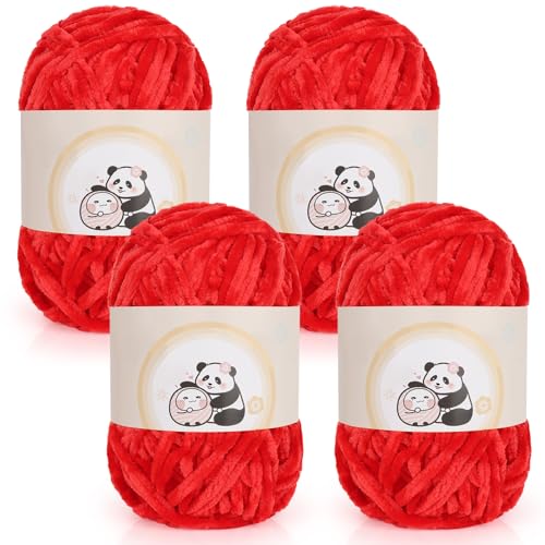 Aeelike 400g(4 x 100g) Chenille Garn zum Stricken, Weich Chunky Chenille Fluffy Yarn, Flauschige Samt Velvet Chenille Wolle zum Häkeln, Warme Plüschwolle für Mützen, Schals, Decken, Rot von Aeelike