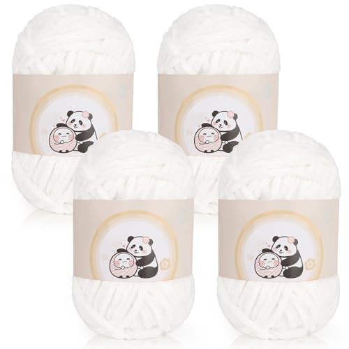 Aeelike 400g(4x100g) Warme Chenille Wolle zum Häkeln, Flauschige Dicke Garn zum Handstricken, Samt Velvet Babywolle zum Stricken, Weich Plüschwolle für Amigurumis Babydecke, Weiß von Aeelike