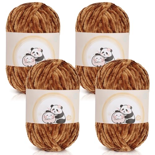 Aeelike 400g Warme Chenille Strickwolle zum Häkeln, Flauschige Dicke Wolle zum Handstricken, Samt Velvet Babywolle zum Stricken, Weich Plüschwolle für Amigurumis Babydecke, Khaki von Aeelike