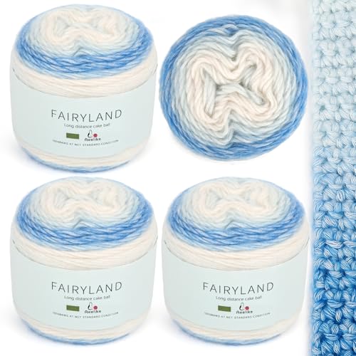 Aeelike 400g Wolle zum Stricken Farbverlauf, 245m Super leichte Gradient Cupcakes Bobbel, Superweiche Mehrfarbiges Farbverlaufsgarn zum Babydecke Pullover Schal Hüte, Ombré Cotton Yarns Blau-Weiß von Aeelike