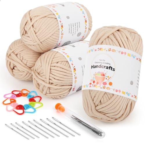 Aeelike 4X50g Beige Chunky Häkelwolle mit Zubehör, Häkel- und Strickgarn für Anfänger, Kein Geteiltes Häkeln Garn, Wolle zum Häkeln mit gut Sichtbare Maschen, Baumwolle zum Stricken für Puppen, Körbe Aeelike 4X50g Beige Chunky Häkelwolle mit Zubehör, Häkel- und Strickgarn für Anfänger, Kein Geteiltes Häkeln Garn, Wolle zum Häkeln mit gut Sichtbare Maschen, Baumwolle zum Stricken für Puppen, Körbe von Aeelike