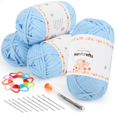 Aeelike 4X50g Dicke Garn Baumwollgarn zum Häkeln, Chunky Strickgarn für Anfänger, Kein Geteiltes Häkelgarn Baumwolle, Wolle zum Stricken mit gut Sichtbaren Maschen, Hellblau von Aeelike
