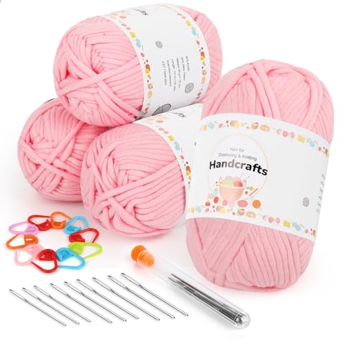Aeelike 4X50g Dicke Häkelgarn Baumwolle zum Häkeln, Dickes Baumwoll-Nylon-Mischgarn mit Zubehör, Strickwolle Dickes Garn mit gut Sichtbaren Maschen, Kein Geteiltes Sperriges Crochet Yarn, Rosa von Aeelike