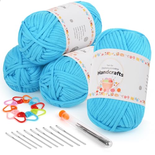 Aeelike 4X50g Dickes Garn Baumwolle zum Häkeln mit Strickzubehör, Chunky Häkelwolle für Anfänger, Kein Geteiltes Häkeln Amigurumi Wolle, Schlauchgarn mit gut Sichtbaren Maschen, Seeblau von Aeelike