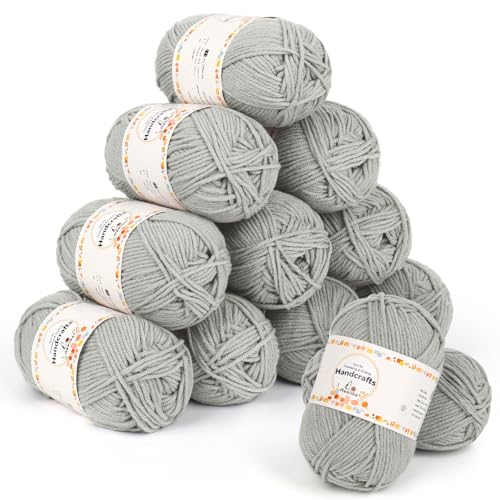 Aeelike 600g(12x50g) 100% Polyacryl Amigurumi Wolle Set, 5Ply Häkelwolle Baumwolle zum Häkeln, Langlebige Strickwolle, Bunte Häkelgarn Cotton Yarn, Silbergrau von Aeelike