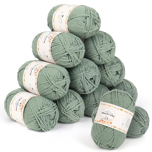 Aeelike 600g(12x50g) Acrylgarn Wolle zum Stricken, 5Ply Häkelwolle Baumwolle zum Häkeln, Cotton Yarn Strickwolle Set für Anfänger, Erfahrene Häkeler, Elegantes Grün von Aeelike