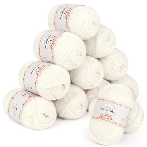 Aeelike 600g(12x50g) Garn Baumwollgarn zum Häkeln, Strickgarn Polyacryl Häkelgarn Bunt Zum Stricken, Häkeln und Kunsthandwerk, 5Ply Acrylwolle Set Baumwolle für Anfänger, Profis, Milchig Weiß von Aeelike