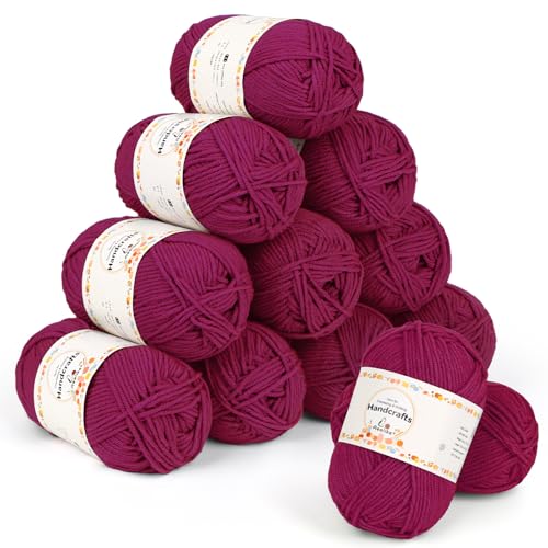 Aeelike 600g(12x50g) Häkelgarn Baumwolle zum Stricken, Langlebige Amigurumi-Set 100% Polyacryl Baumwollgarn, 5Ply Wolle zum Häkeln für Socken, Mützen, Schals, Pullover, Puppen, Rose Lila von Aeelike